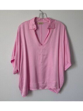 Sofia Made in Italy Pink Short Sleeve V-Neck Collared Oversized Blouse Size M ?